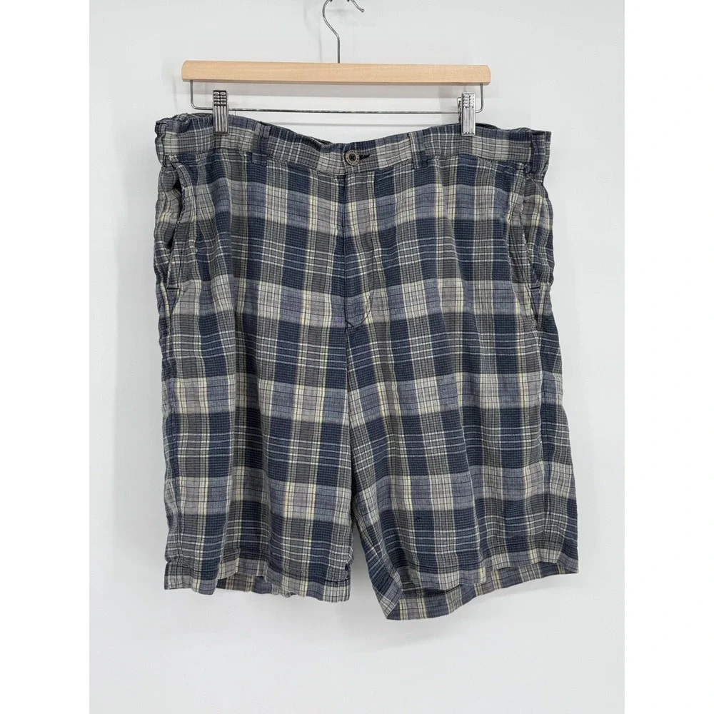 Tommy Bahama Plaid Linen Silk Blend‎ Mens 40 Shorts Blue Beige Tan Casual